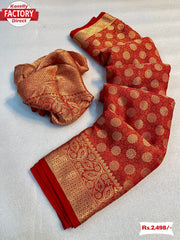 Red Pure Viscose Georgette Banarasi Rich Zari Saree