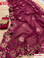 Magenta Zomato Chiffon Saree With Embroidery
