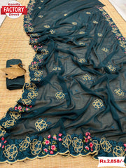 Teal Blue Zomato Chiffon Saree With Embroidery