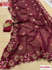 Maroon Zomato Chiffon Saree With Embroidery