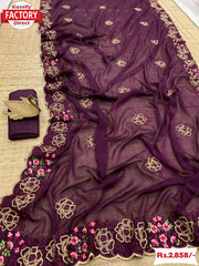 Wine Zomato Chiffon Saree With Embroidery