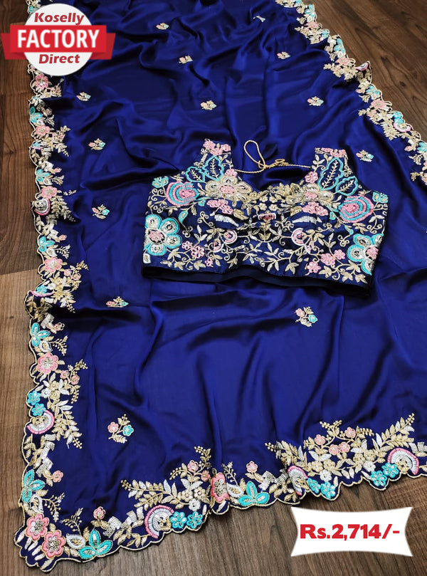 Designer Blue Silk Saree With Embroidery
