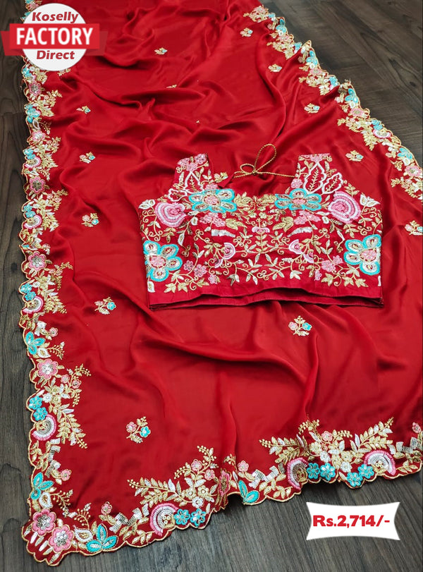 Designer Red Silk Saree With Embroidery