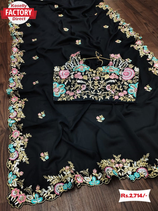 Designer Black Silk Saree With Embroidery