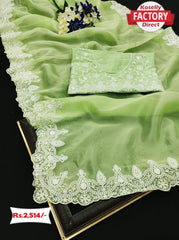 Designer Pista Green Organza Silk Saree With Embroidery