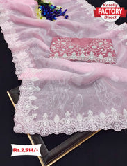 Designer Baby Pink Organza Silk Saree With Embroidery