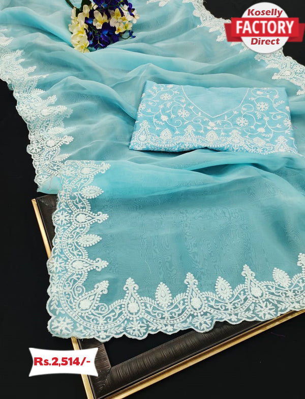 Sky Blue Organza Silk Saree With Embroidery
