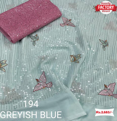 Designer Greyish Blue Saree With Sequins Work