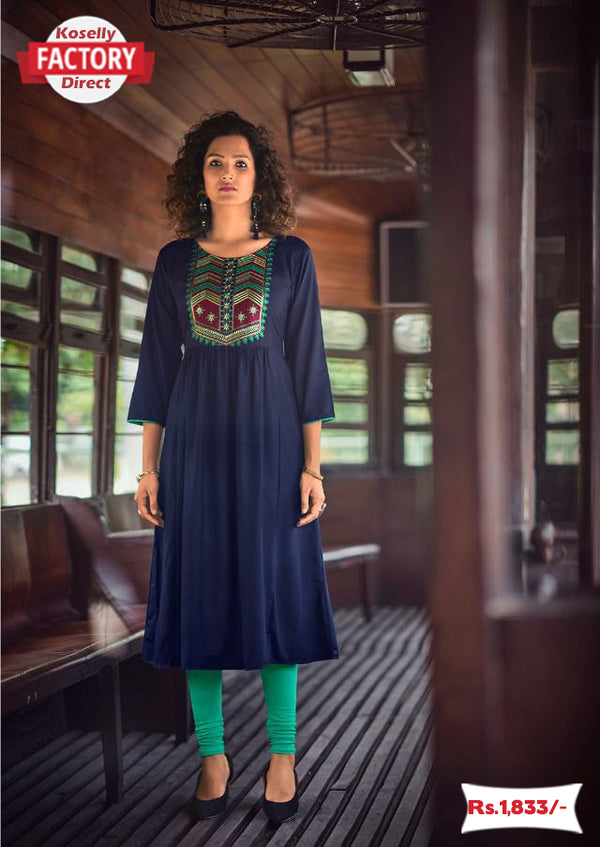 Navy Blue Embroidered Frock Design Kurthi Top