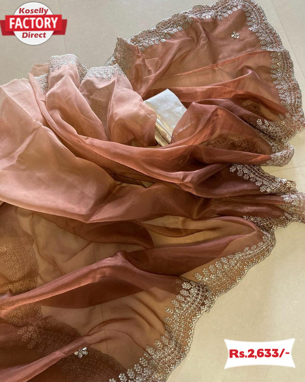 Chocolate Designer Organza Silk Saree With Embroidery