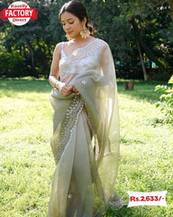 Light Green Designer Organza Silk Saree With Embroidery