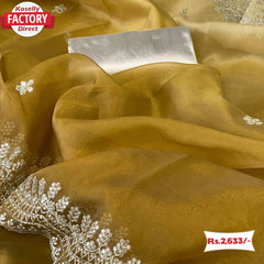 Mustard Yellow Designer Organza Silk Saree With Embroidery