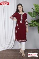 Maroon Embroidered Kurtha Pant Set
