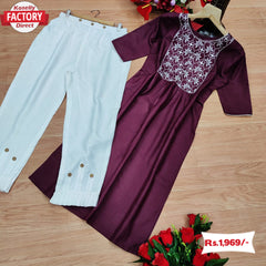Wine Embroidered Kurtha Pant Set