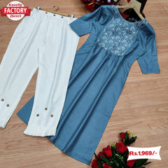 Ocean Blue Embroidered Kurtha Pant Set