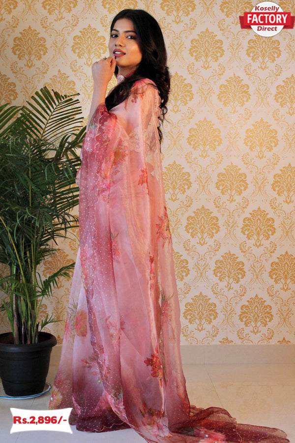 Multi-shaded Designer Organza Silk Saree With Embroidery