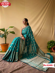 Sea Green Banarasi Zari Linen Sarees