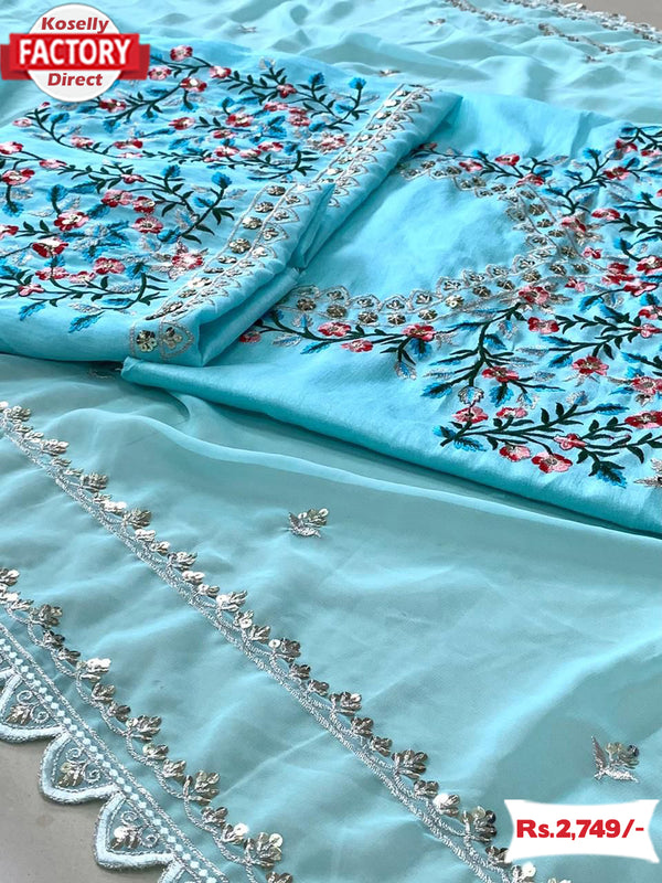 Sky Blue Georgette Embroidered Partywear Saree