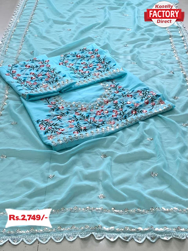Sky Blue Georgette Embroidered Partywear Saree