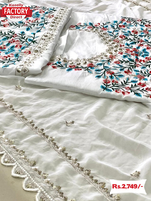 White Georgette Embroidered Partywear Saree