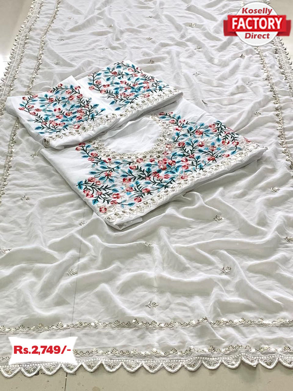 White Georgette Embroidered Partywear Saree