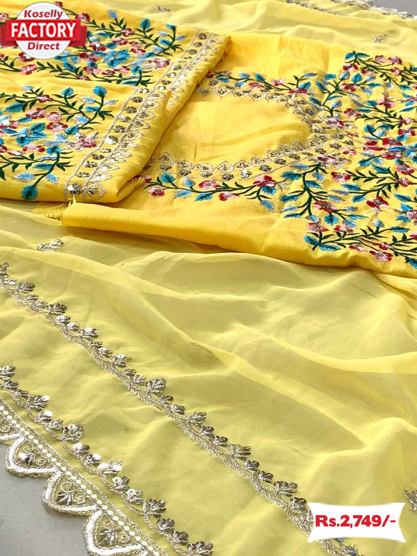 Yellow Georgette Embroidered Partywear Saree
