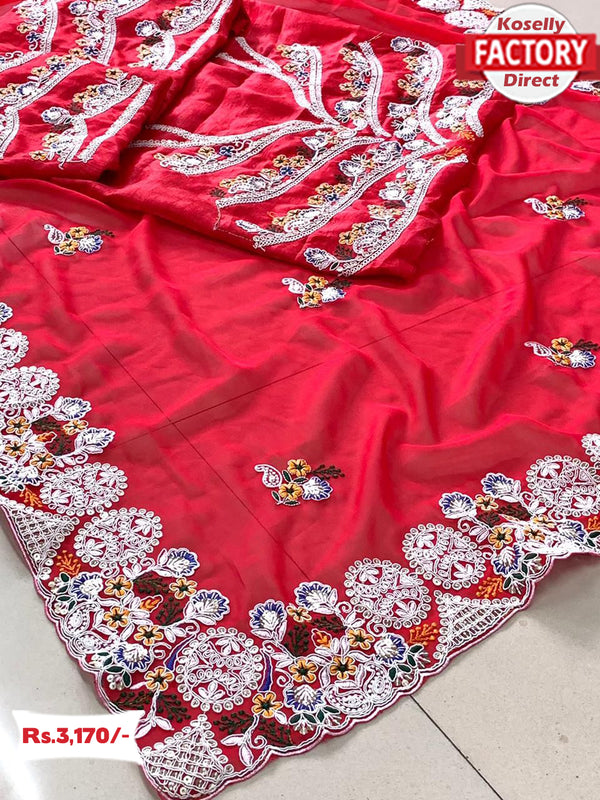 Red Georgette Embroidered Saree