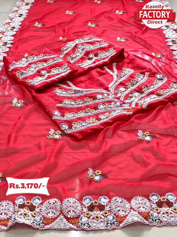 Red Georgette Embroidered Saree