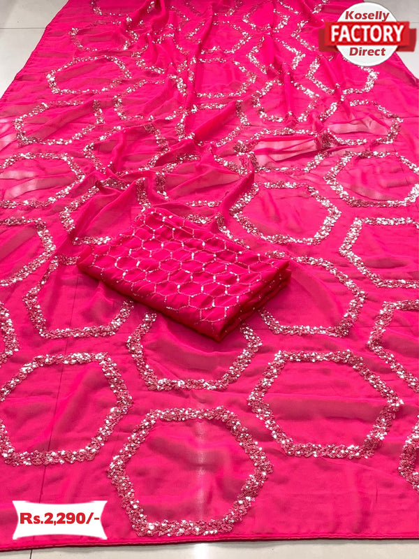 Fuchsia Pink Soft Georgette Sequins Work Saree