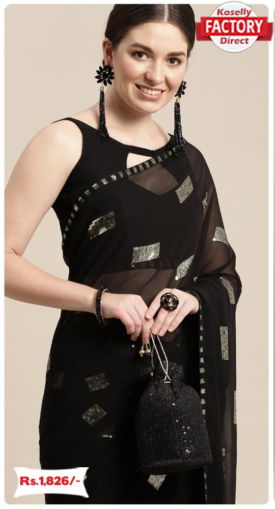 Black Soft Georgette Rectangular Sequins Saree