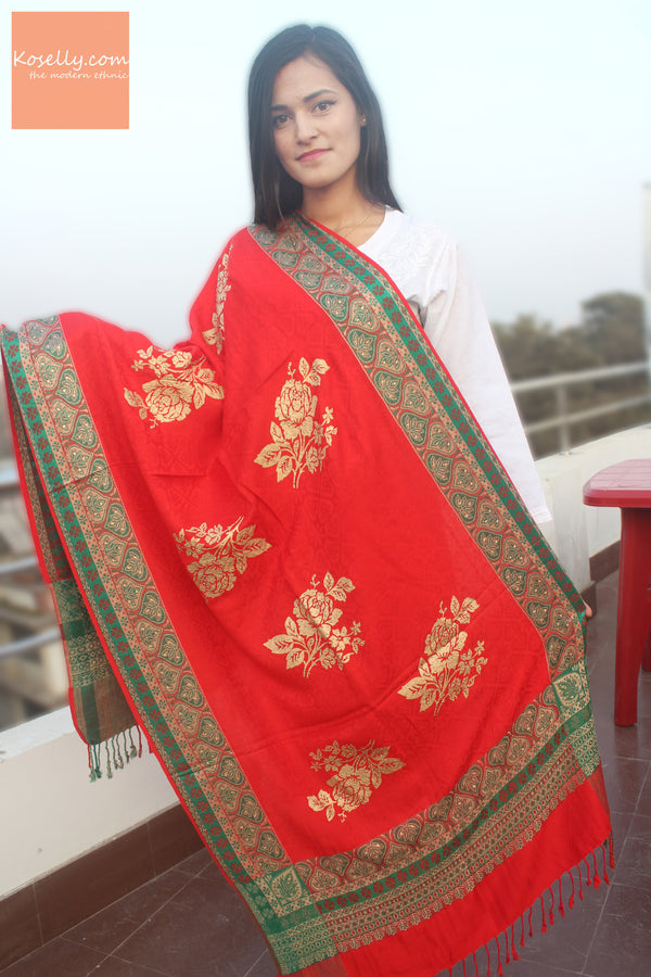 Red Pashmina Shawl with golden patterns
