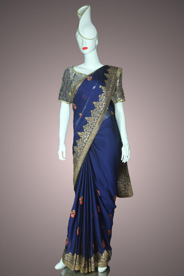 Navy Blue Georgette Saree with resham embroidery