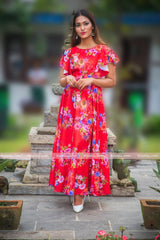 Red Floral Printed Floor Length Gown
