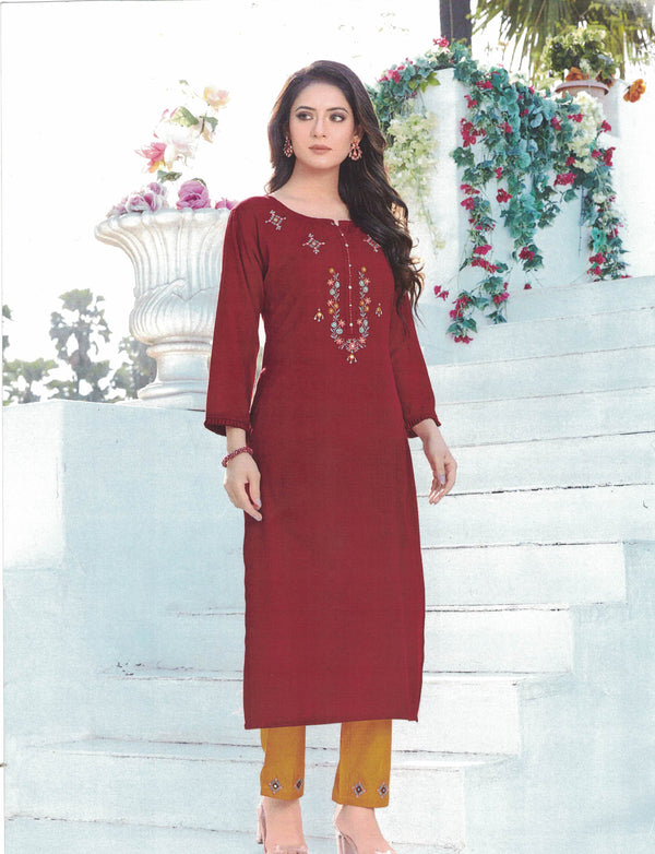 Red Embroidered Kurtha with Mustard Yellow Embroidered Pant