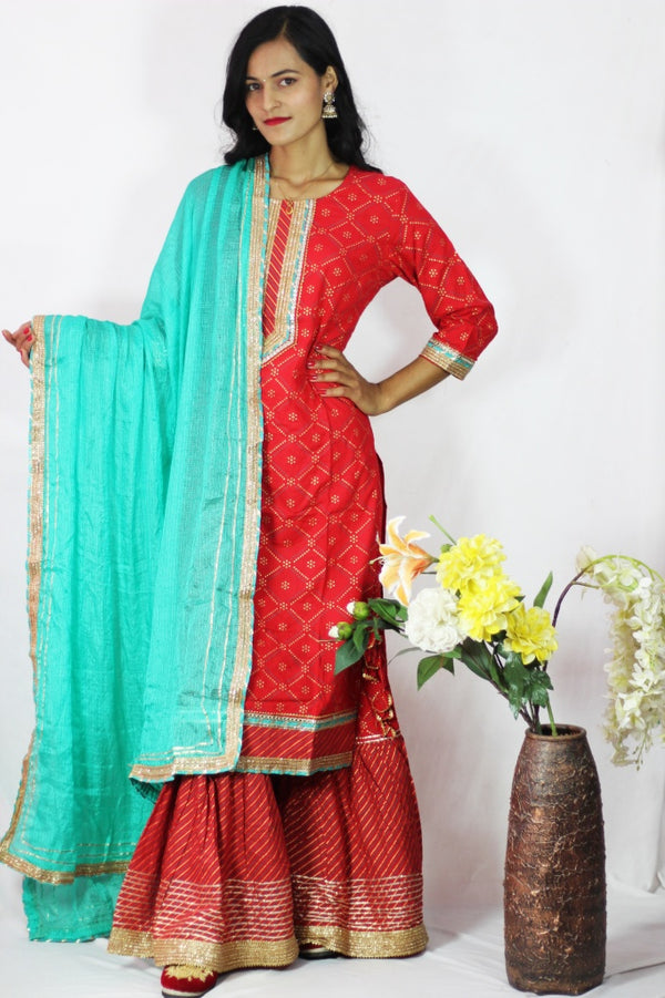 Red Pure Cotton Embroidered Kurtha Sharara Dupatta Set