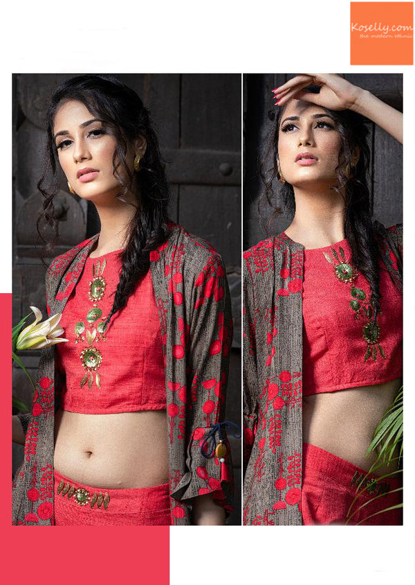 Pink Tops Pant with Grey Shrug