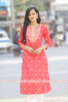 Red Bandhani Print Embroidered Kurthi